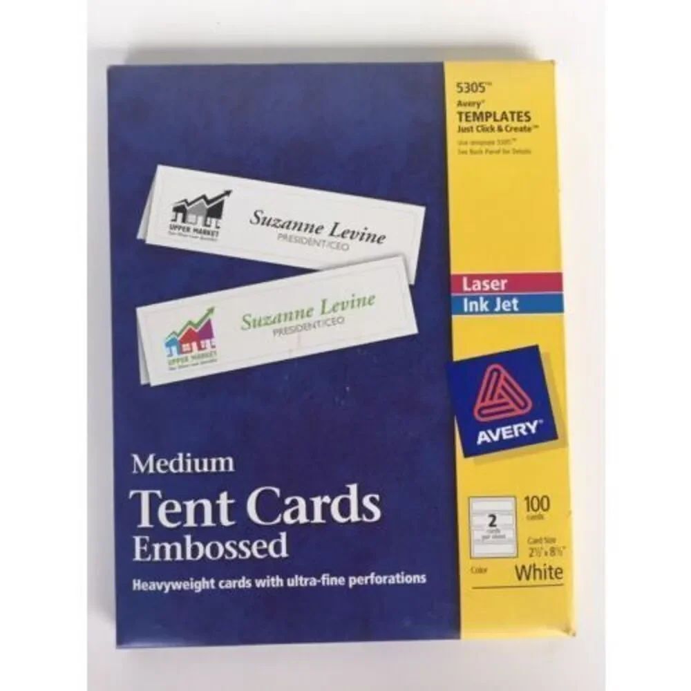 NWT Avery Templates 5305 Medium whiteTent Cards embossed 2.5 x 8 5  - 100 cards